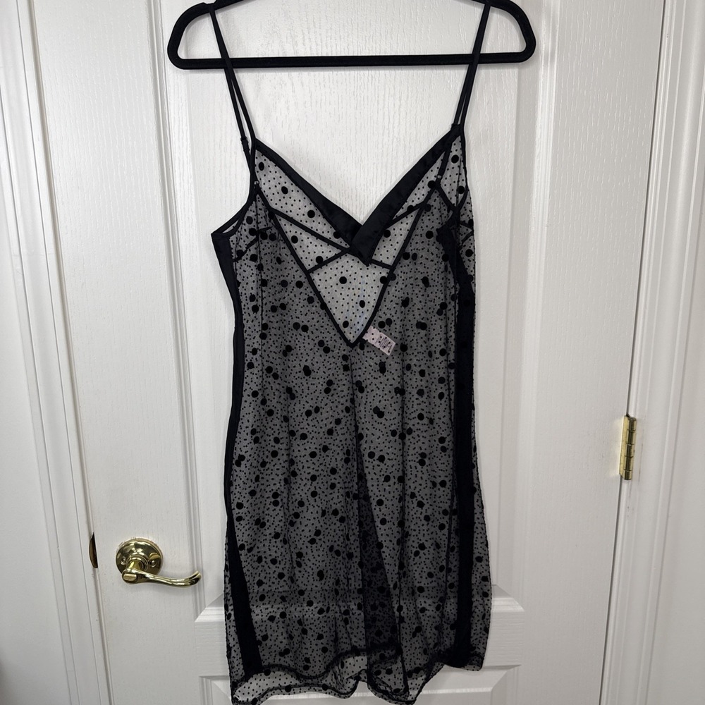 Victorias Secret Womens Black Sheer Mesh Slip Dress M Flocked Polka Dot Lingerie